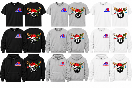 8 Ball Christmas Air Barrel Apparel in Black, Sport Grey and White T-shirts, crewnecks and hoodies