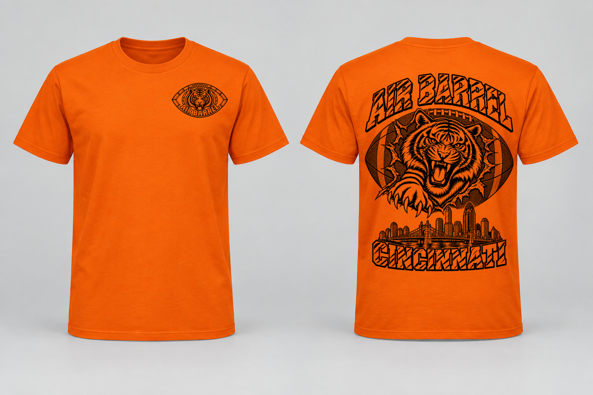 Air Barrel Cincinnati Orange Out orange shirt front and back