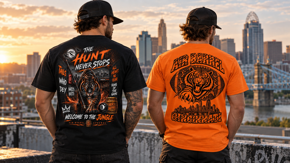 Air Barrel Apparel Cincinnati streetwear featuring The Hunt Never Stops and orange Air Barrel Cincinnati shirts, back designs