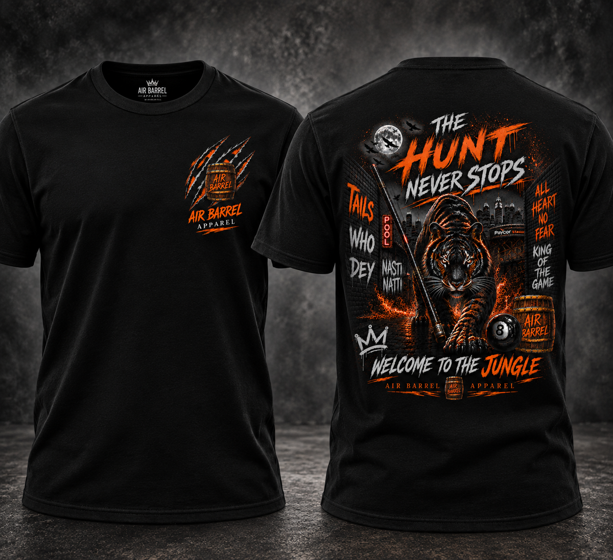 Air Barrel The Hunt Never Stops Cincinnati black shirt front and back mockup