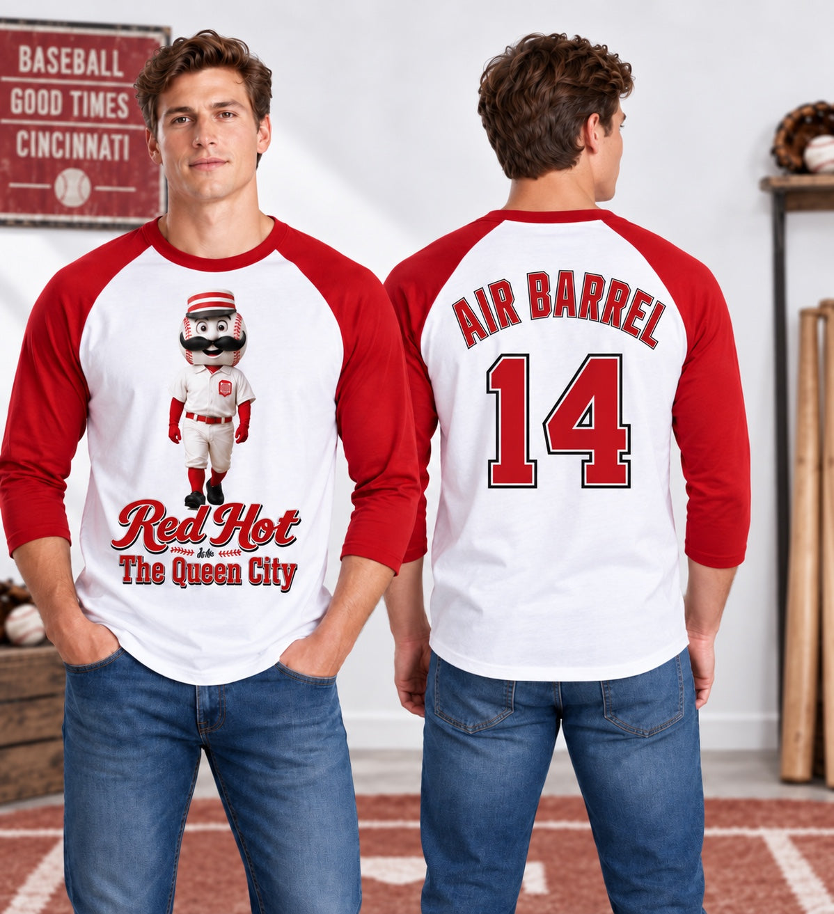 Cincy Fan red and white baseball shirt front and back mockup with Air Barrel 14