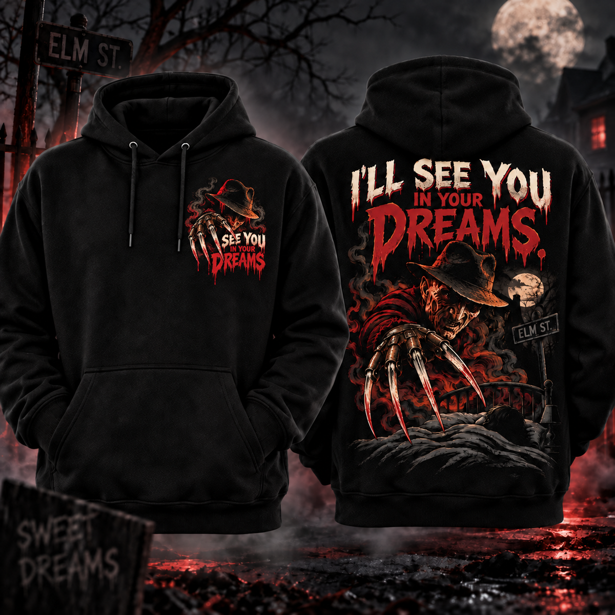 I'll See You in Your Dreams black hoodie front and back mockup