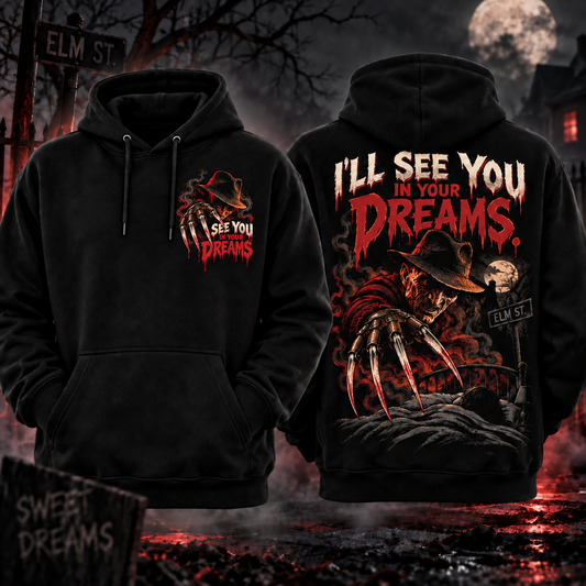 I'll See You in Your Dreams black hoodie front and back mockup