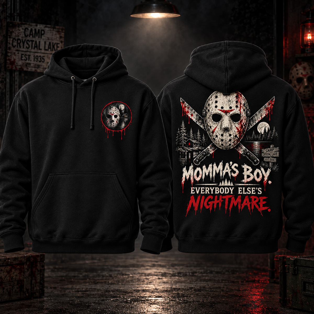 Momma's Boy Everybody Else's Nightmare black hoodie front and back mockup