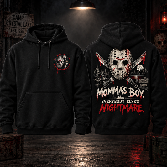 Momma's Boy Everybody Else's Nightmare black hoodie front and back mockup