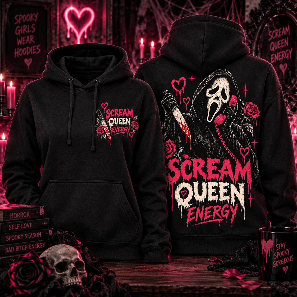 Scream Queen Energy black hoodie front and back mockup